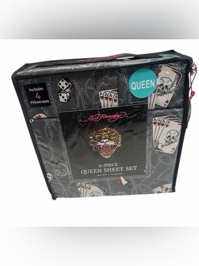 Ed Hardy Queen Sheet Set 6-Piece Grey with Tiger Skull Playing Cards Print NWT